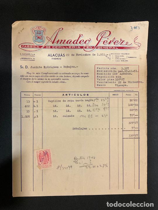 Old Invoices: FACTURA. AMADEO PEREZ. ALACUAS. VALENCIA. 1951. FABRICA DE CEPILLERIA EN GENERAL.