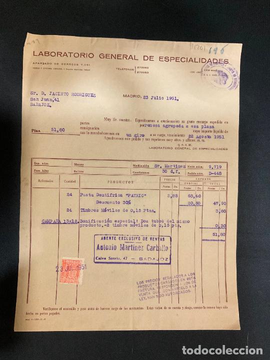 Old Invoices: FACTURA. LABORATORIO GENERAL DE ESPECIALIDADES. MADRID 1951.