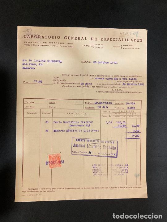 Old Invoices: FACTURA. LABORATORIO GENERAL DE ESPECIALIDADES. MADRID 1951.