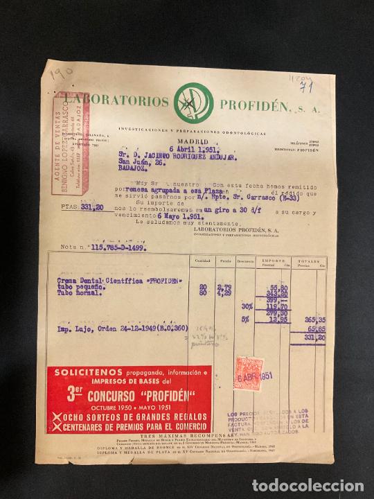 Old Invoices: FACTURA. LABORATORIOS PROFIDEN. MADRID 1951. INVESTIGACIONES Y PREPARACIONES ODONTOLOGICAS