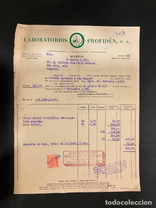 Old Invoices: FACTURA. LABORATORIOS PROFIDEN. MADRID 1951. INVESTIGACIONES Y PREPARACIONES ODONTOLOGICAS