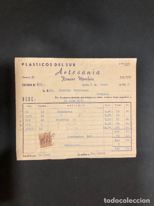 Old Invoices: FACTURA. PLASTICOS DEL SUR. ARTESANIA. ROMERO MERCHAN. SEVILLA 1958