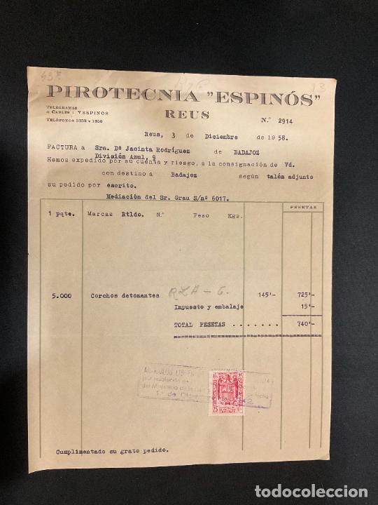 Old Invoices: FACTURA. PIROTECNIA ESPINOS. REUS. 1958. CORCHOS DETONABLES.