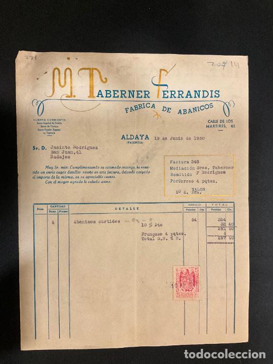 Old Invoices: FACTURA. M. TABERNER FERRANDIS. FABRICA DE ABANICOS. ALDAYA. VALENCIA. 1950