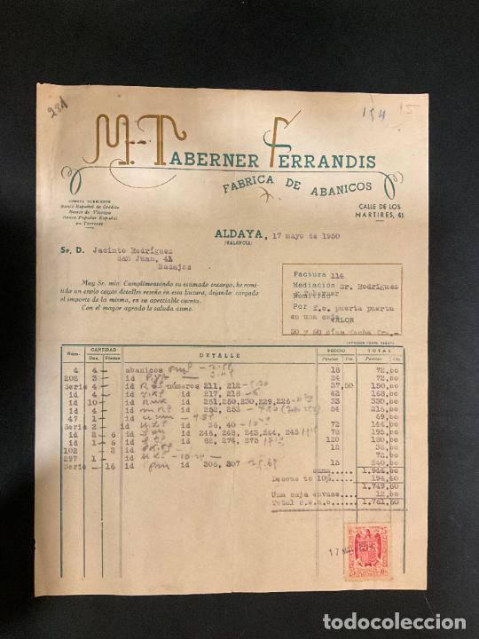 Old Invoices: FACTURA. M. TABERNER FERRANDIS. FABRICA DE ABANICOS. ALDAYA. VALENCIA. 1950