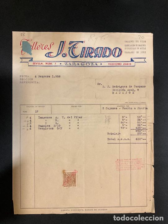 Old Invoices: FACTURA. TALLERES. J. TIRADO. ZATAGOZA. 1958. IMAGENES DEL PILAR. RELIGIOSAS EN METAL.