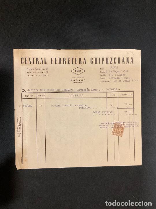 Old Invoices: FACTURA. CENTRAL FERRETERA GUIPUZCOANA. GAICA. ZARAUZ. 1958