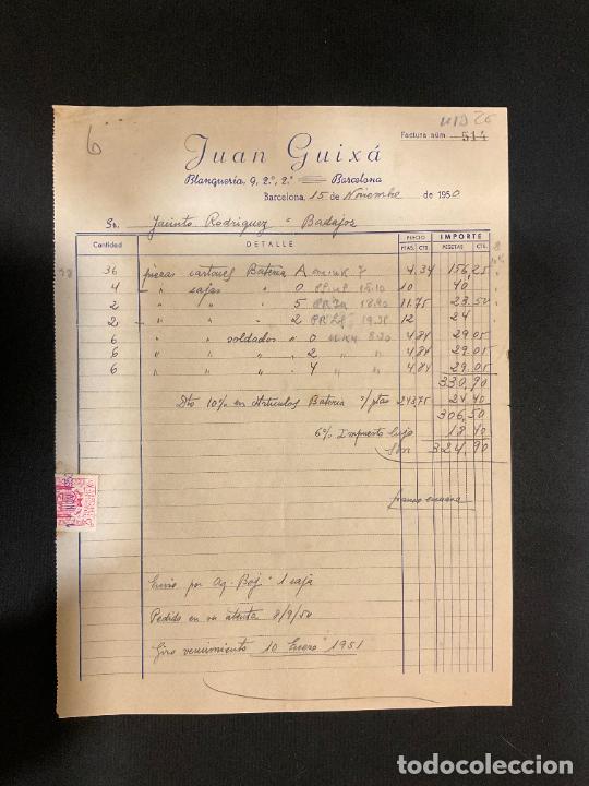 Old Invoices: FACTURA. JUAN GUIXA. BLANQUERIA. BARCELONA 1950. SOLDADOS.