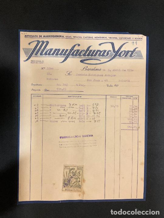 Old Invoices: FACTURA. MANUFACTURAS YORT. LIGAS. CINTURONES. BARCELONA. 1950