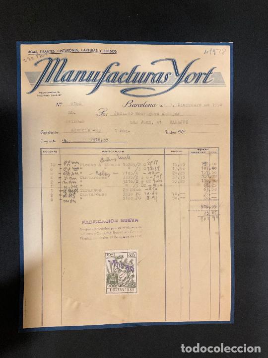 Old Invoices: FACTURA. MANUFACTURAS YORT. LIGAS. CINTURONES. BARCELONA. 1950