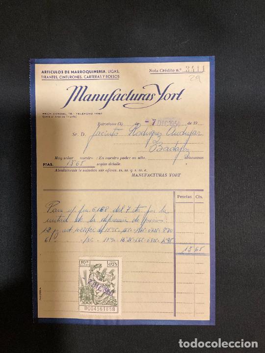 Old Invoices: FACTURA. MANUFACTURAS YORT. LIGAS. CINTURONES. BARCELONA. 1950