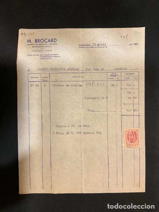 Old Invoices: FACTURA. M. BROCARD. FABRICA DE BROCHAS DE AFEITAR. BARCELONA 1950.