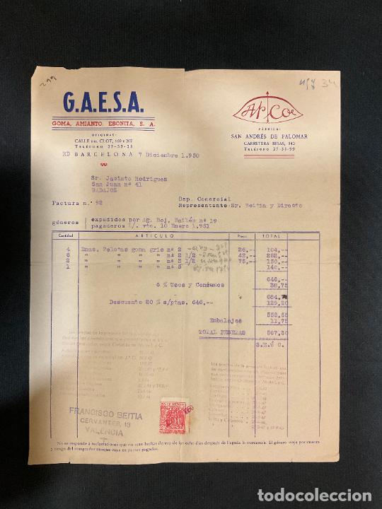 Old Invoices: FACTURA. G.A.E.S.A. GAESA. GOMA AMIANTO. BARCELONA 1950. ARCOS. SAN ANDRES DE PALOMAR