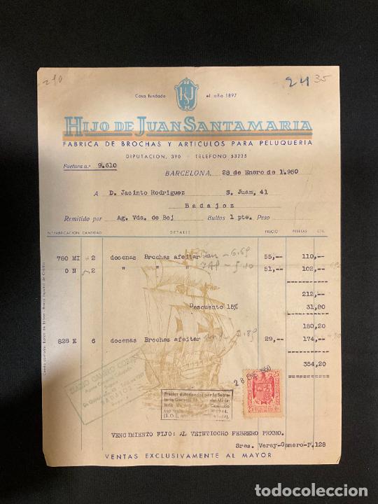 Old Invoices: FACTURA. HIJO DE JUAN SANTAMARIA. FABRICA DE BROCHAS. PELUQUERIA. BARCELONA 1950