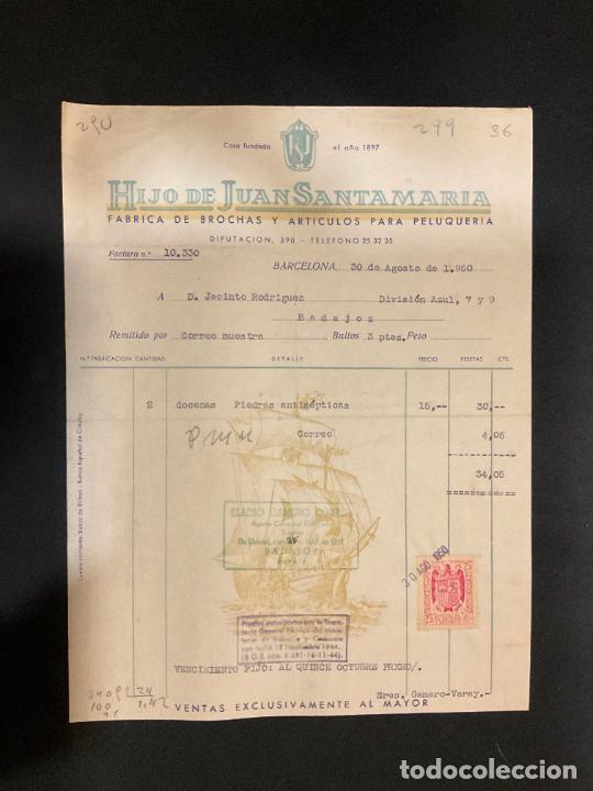 Old Invoices: FACTURA. HIJO DE JUAN SANTAMARIA. FABRICA DE BROCHAS. PELUQUERIA. BARCELONA 1950