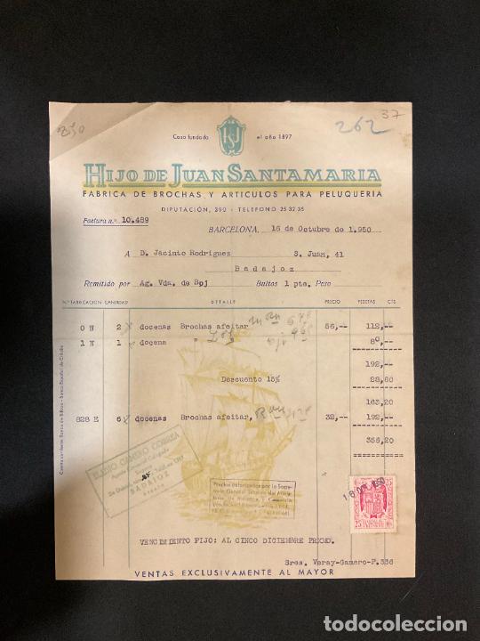 Old Invoices: FACTURA. HIJO DE JUAN SANTAMARIA. FABRICA DE BROCHAS. PELUQUERIA. BARCELONA 1950