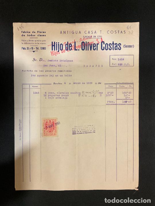 Old Invoices: FACTURA. HIJO DE L. OLIVER COSTAS. ANTIGUA CASA T. COSTAS. FLORES DE TODAS CLASES. BARCELONA 1950