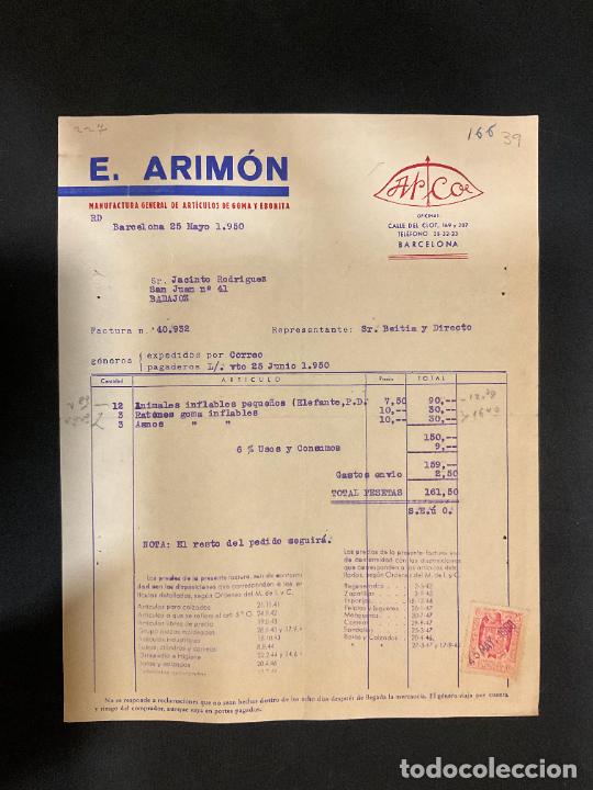 Old Invoices: FACTURA. E. ARIMON. MANUFACTURA GENERAL DE ARTICULOS DE GOMA Y EBONITA. ARCO. BARCELONA 1950