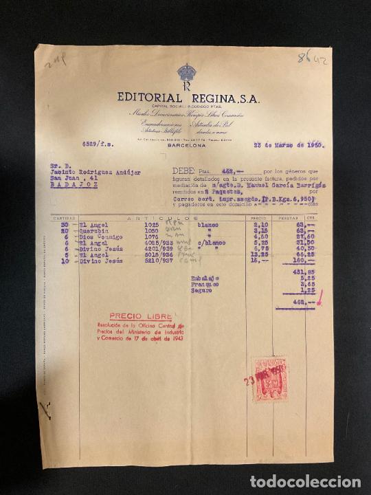 Facturas antiguas: FACTURA. EDITORIAL REGINA. BARCELONA 1950. MISALES DEVOCIONARIOS. ARTICULOS DE PIEL