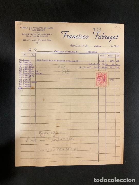 Facturas antiguas: FACTURA. FRANCISCO FABREGAT. ARTICULOS DE BARRO Y PARA BELENES. BARCELONA 1950