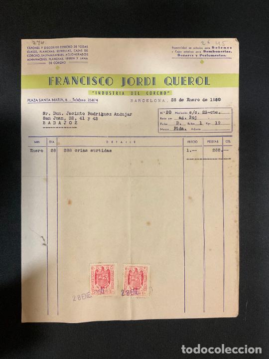 Facturas antiguas: FACTURA. FRANCISCO JORDI QUEROL. INDUSTRIA DEL CORCHO. BARCELONA 1950. TAPONES Y DISCOS