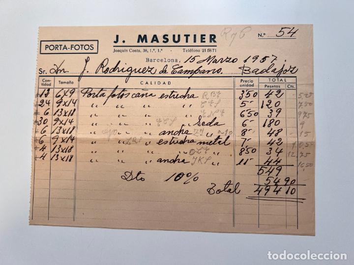 Facturas antiguas: FACTURA. J. MASUTIER. PORTA-FOTOS. BARCELONA, 1957