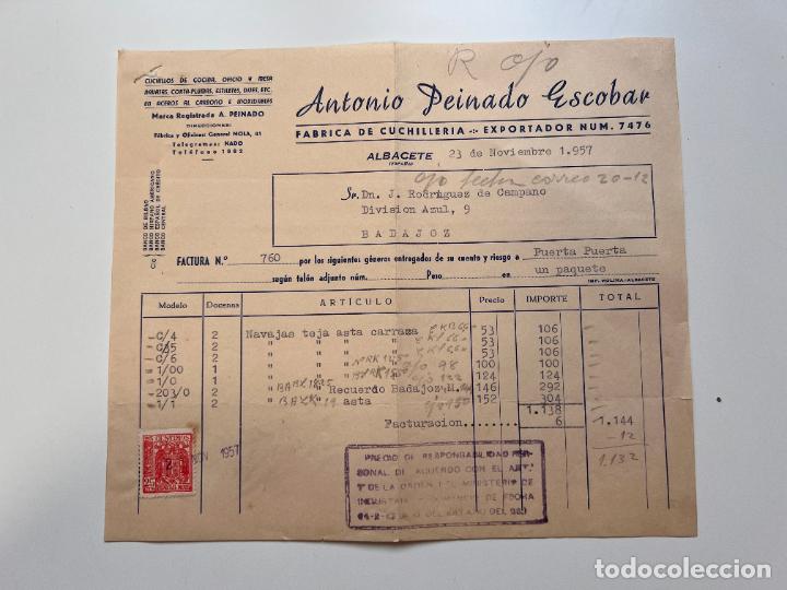 Facturas antiguas: FACTURA. ANTONIO PEINADO ESCOBAR. FABRICA DE CUCHILLERIA. ALBACETE, 1957