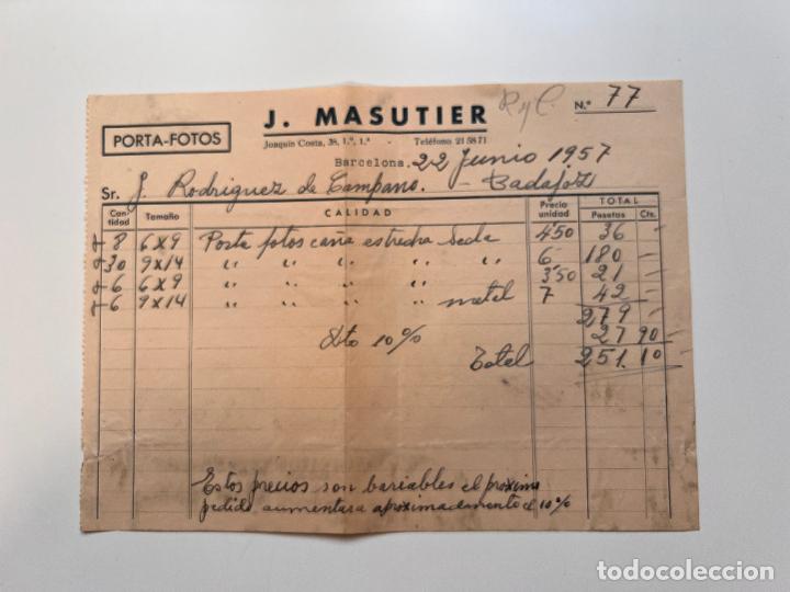 Facturas antiguas: FACTURA. J. MASUTIER. PORTA-FOTOS. BARCELONA, 1957