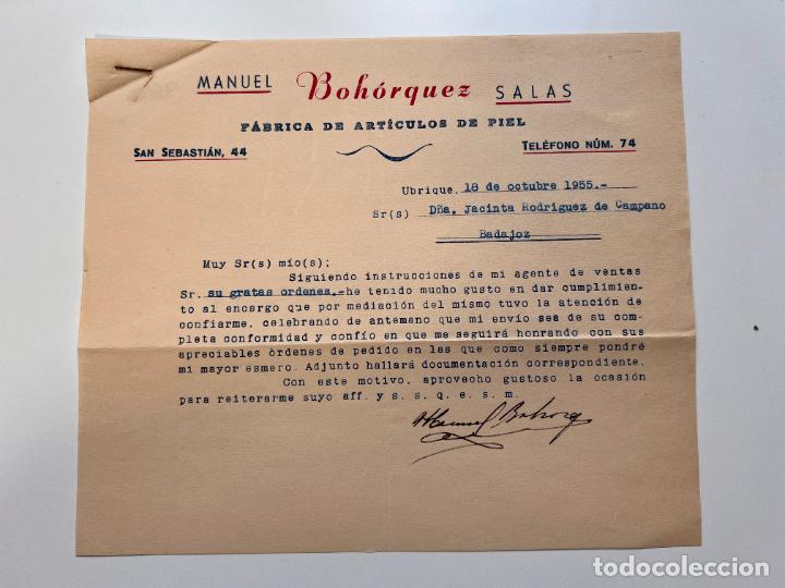 Facturas antiguas: FACTURA. MANUEL BOHORQUEZ SALAS. F&Aacute;BRICA DE ART&Iacute;CULOS DE PIEL. UBRIQUE - C&Aacute;DIZ, 1955