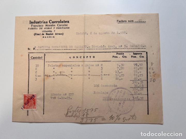 Facturas antiguas: FACTURA. INDUSTRIAS CUEROLATEX. FRANCISCO MORALES CARCELER. MADRID, 1955