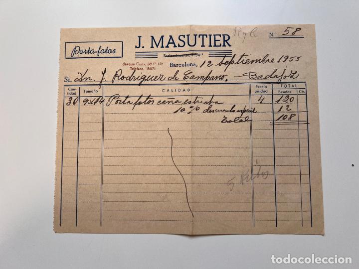 Facturas antiguas: FACTURA. J. MASUTIER. PORTA-FOTOS. BARCELONA, 1955