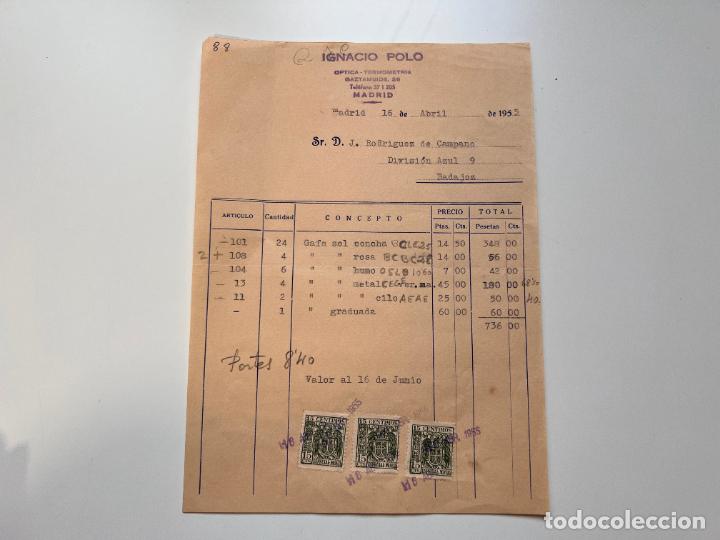 Facturas antiguas: FACTURA. IGNACIO POLO. &Oacute;PTICA - TERMOMETR&Iacute;A. MADRID, 1955