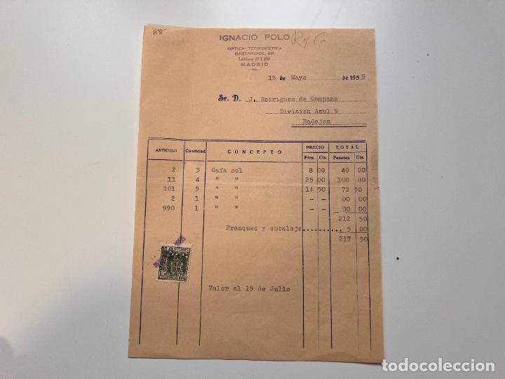 Facturas antiguas: FACTURA. IGNACIO POLO. &Oacute;PTICA - TERMOMETR&Iacute;A. MADRID, 1955