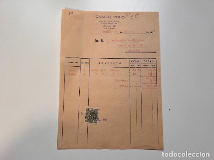 Facturas antiguas: FACTURA. IGNACIO POLO. &Oacute;PTICA - TERMOMETR&Iacute;A. MADRID, 1955