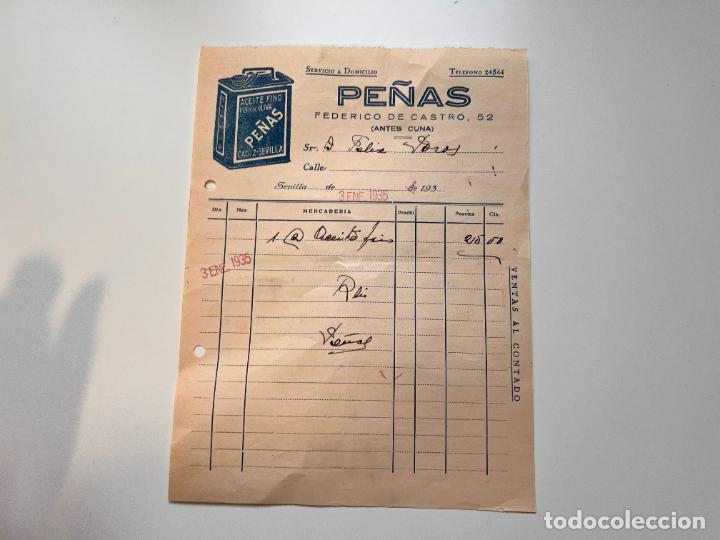 Facturas antiguas: FACTURA. PE&Ntilde;AS. ACEITE FINO PURO DE OLIVA. SERVICIO A DOMICILIO. SEVILLA, 1935
