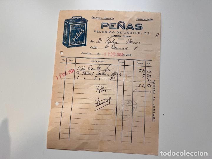 Facturas antiguas: FACTURA. PE&Ntilde;AS. ACEITE FINO PURO DE OLIVA. SERVICIO A DOMICILIO. SEVILLA, 1934
