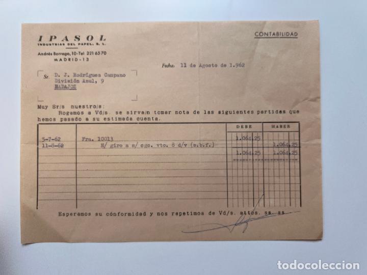 Facturas antiguas: FACTURA. IPASOL. INDUSTRIAS DEL PAPEL. MADRID, 1962