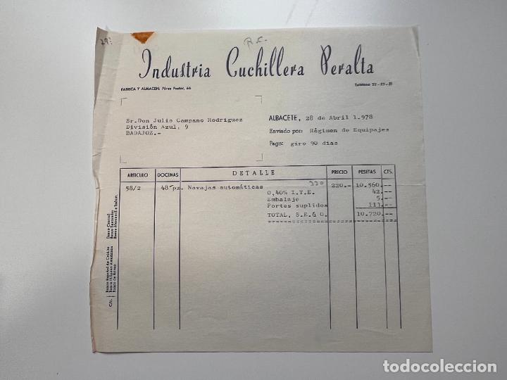 Facturas antiguas: FACTURA. INDUSTRIA CUCHILLERA PERALTA. F&Aacute;BRICA Y ALMAC&Eacute;N. ALBACETE, 1978