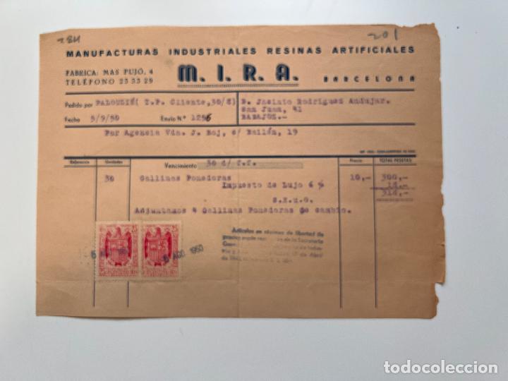 Facturas antiguas: FACTURA. M.I.R.A. MANUFACTURAS INDUSTRIALES RESINAS ARTIFICIALES. BARCELONA, 1950