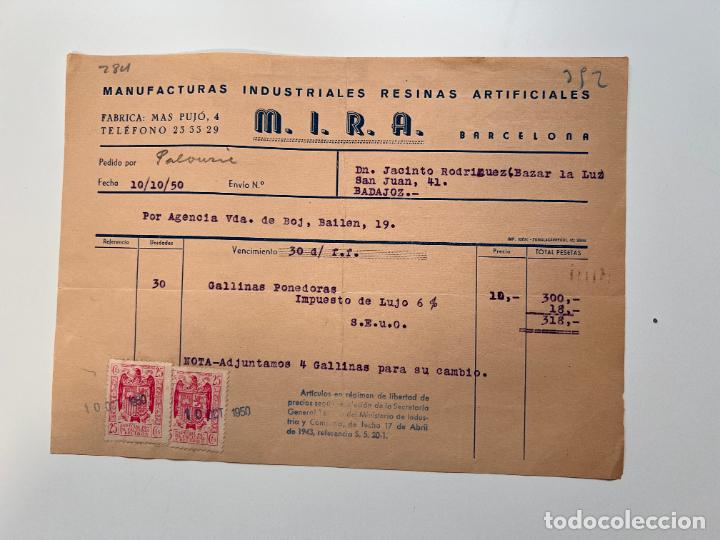 Facturas antiguas: FACTURA. M.I.R.A. MANUFACTURAS INDUSTRIALES RESINAS ARTIFICIALES. BARCELONA, 1950