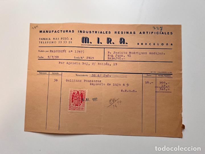 Facturas antiguas: FACTURA. M.I.R.A. MANUFACTURAS INDUSTRIALES RESINAS ARTIFICIALES. BARCELONA, 1950