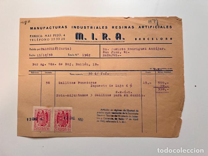 Facturas antiguas: FACTURA. M.I.R.A. MANUFACTURAS INDUSTRIALES RESINAS ARTIFICIALES. BARCELONA, 1950
