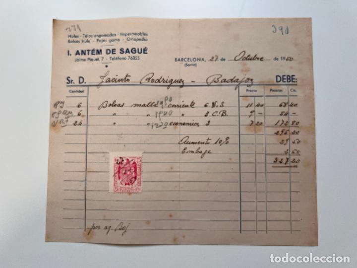 Facturas antiguas: FACTURA. I. ANT&Eacute;M DE SAGU&Eacute;. HULES - TELAS ENGOMADAS - IMPERMEABLES. SARRI&Aacute; - BARCELONA, 1950