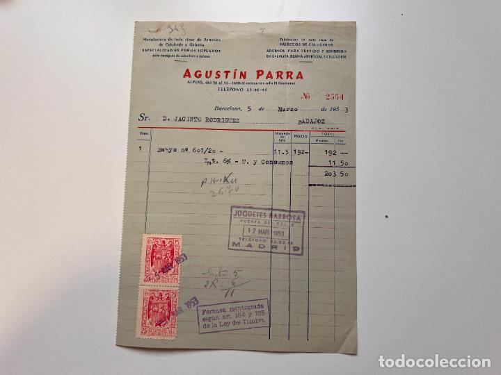 Facturas antiguas: FACTURA. AGUST&Iacute;N PARRA. MANUFACTURA ART&Iacute;CULOS DE CELULOIDE Y GALALITA. BARCELONA, 1953