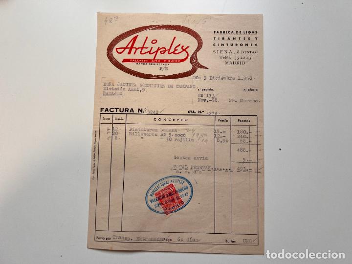 Facturas antiguas: FACTURA. ARTIPLEX- FABRICA DE LIGAS, TIRANTES Y CINTURONES. MADRID, 1958