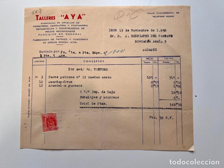 Facturas antiguas: FACTURA. TALLERES AYA. FERRETERIA, CERRAJERIA Y FONTANERIA. IR&Uacute;N, 1958