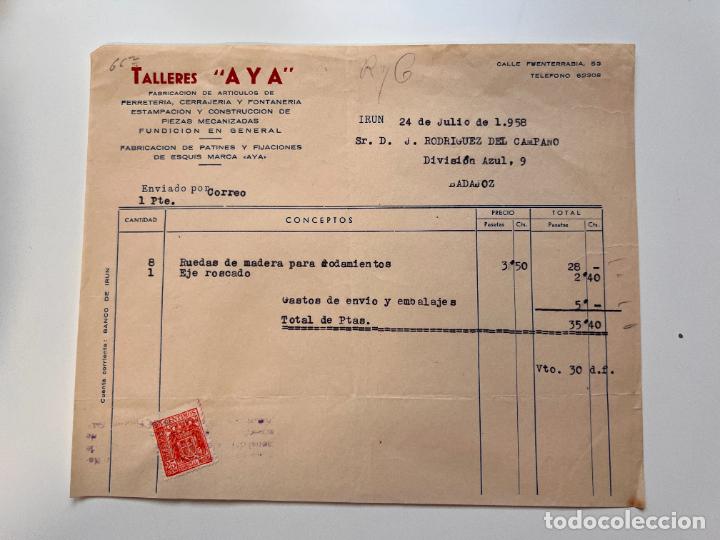 Facturas antiguas: FACTURA. TALLERES AYA. FERRETERIA, CERRAJERIA Y FONTANERIA. IR&Uacute;N, 1958