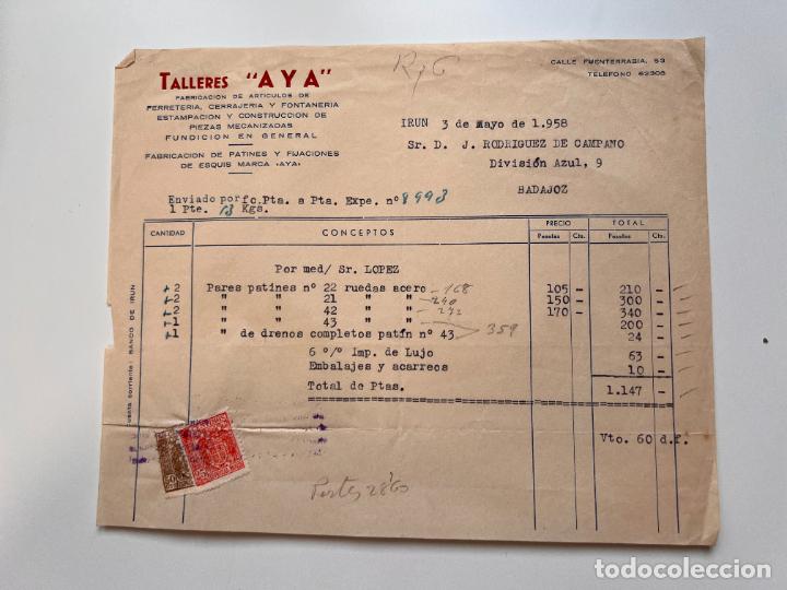 Facturas antiguas: FACTURA. TALLERES AYA. FERRETERIA, CERRAJERIA Y FONTANERIA. IR&Uacute;N, 1958