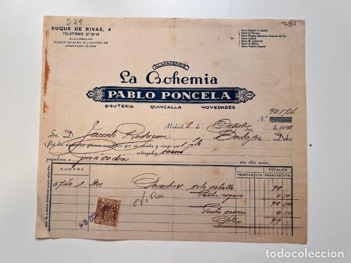 Facturas antiguas: FACTURA. ALMACENES LA BOHEMIA. PABLO PONCELA. MADRID, 1953