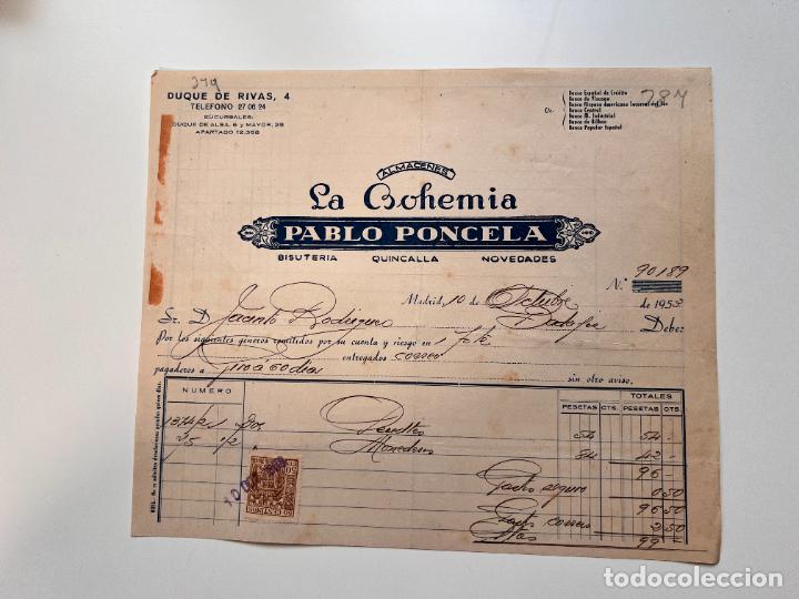 Facturas antiguas: FACTURA. ALMACENES LA BOHEMIA. PABLO PONCELA. MADRID, 1953